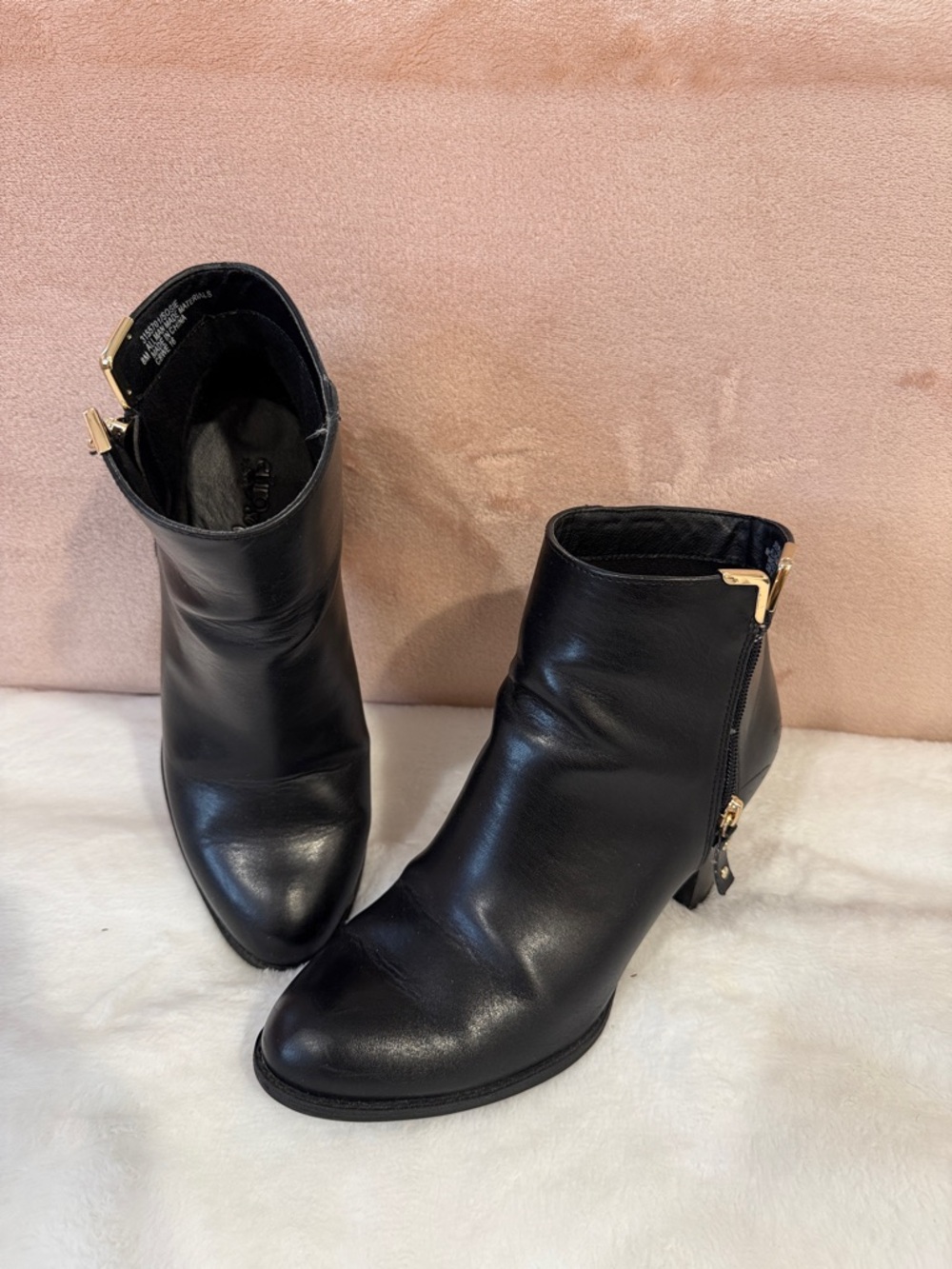Black Leather Ankle Booties with Gold Zip Detail